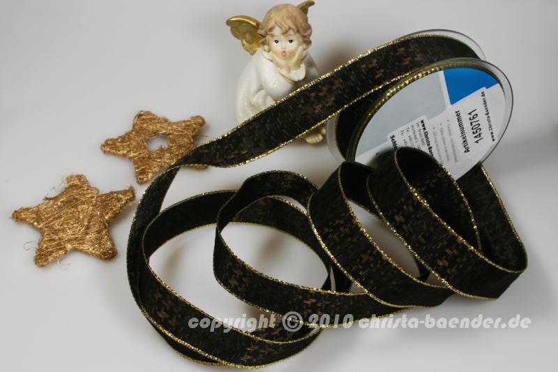 Weihnachtsband Hahnentritt Braun Gold mit Draht 25mm