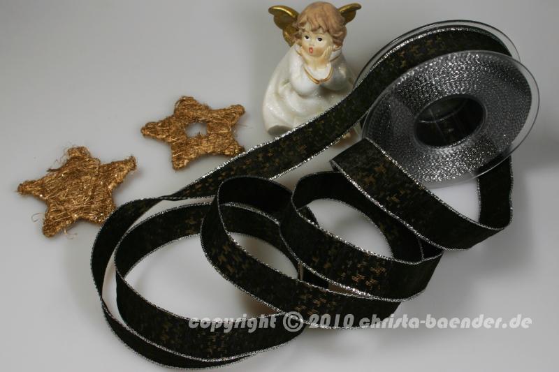 Weihnachtsband Hahnentritt Braun Silber mit Draht 25