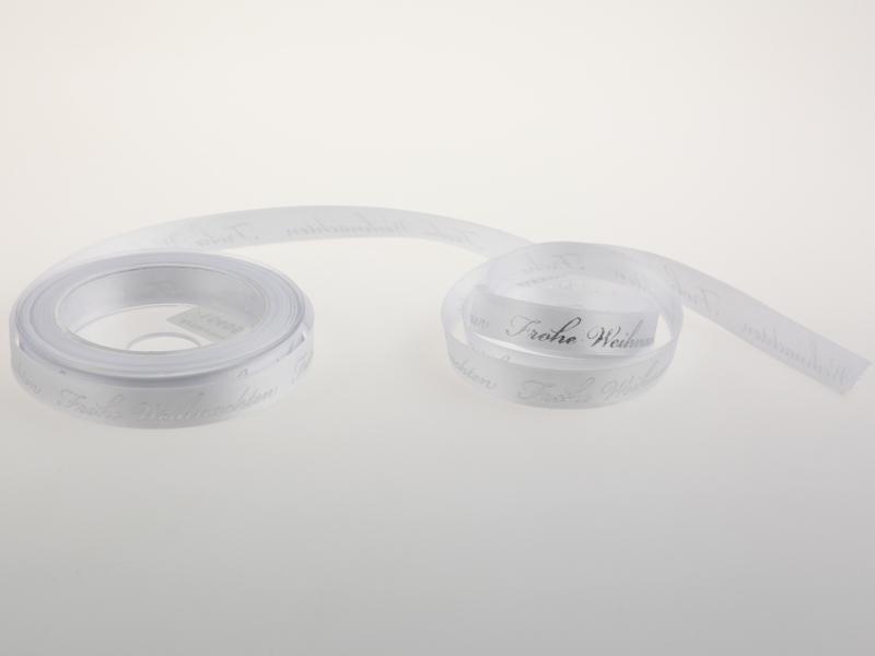 Weihnachtsband Frohe Weihnachten Weiss 15 mm ohne Draht