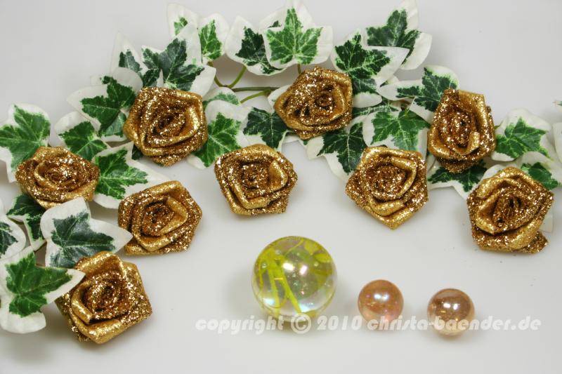 Weihnachtsband Dekoartikel Glitzerrosen Gold 38mm 12 Stück