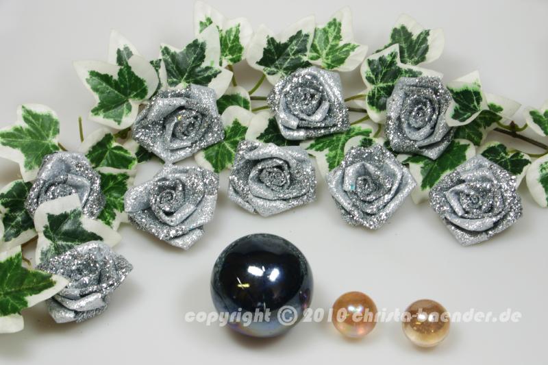 Weihnachtsband Dekoartikel Glitzerrosen Silber 38mm 12 Stück