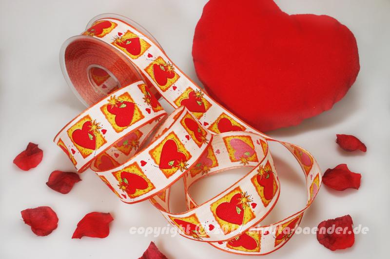 Motivband Blumenherz Rot Weiß mit Draht 40mm