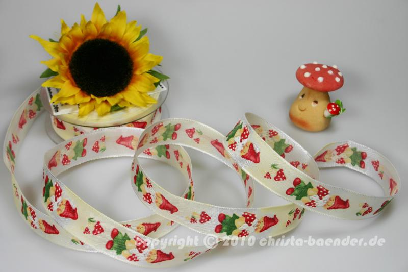 Motivband Gartenzwerg Creme Rot mit Draht 25mm