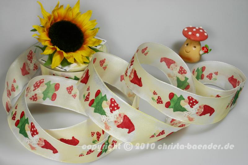 Motivband Gartenzwerg Creme Rot mit Draht 40mm