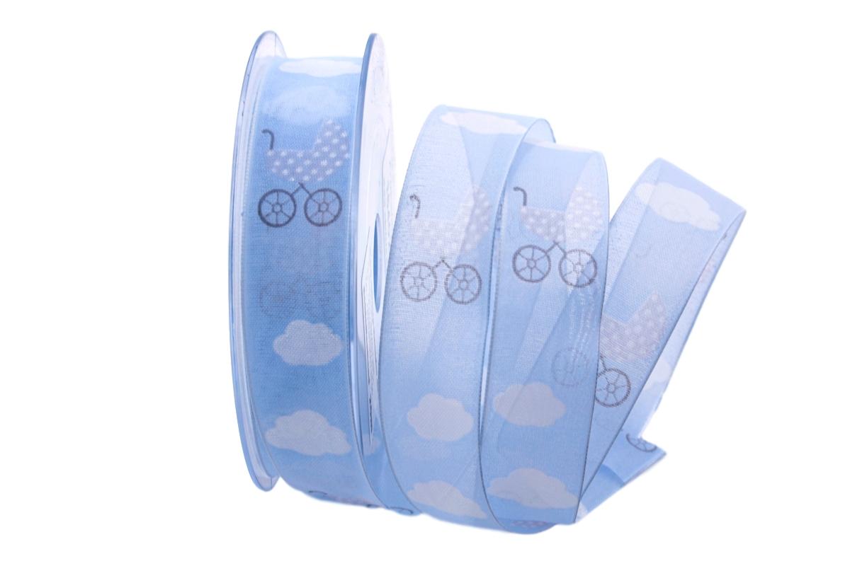 Motivband Kinderwagen hellblau 25mm mit Draht