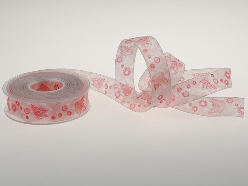 Motivband Schmetterling 25mm rosa mit Draht