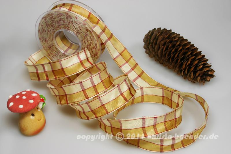 Karoband Herbstkaro Creme Beige mit Draht 25mm