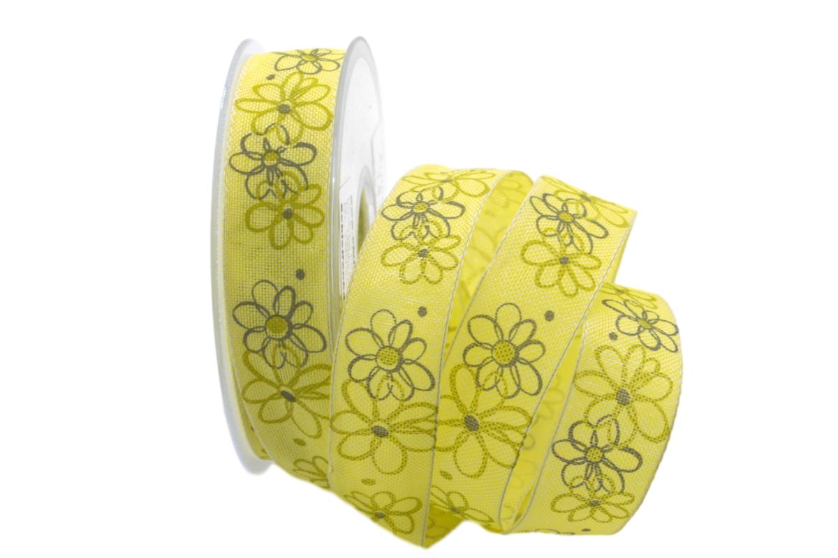 Motivband moderne Blume gelb 25mm mit Draht