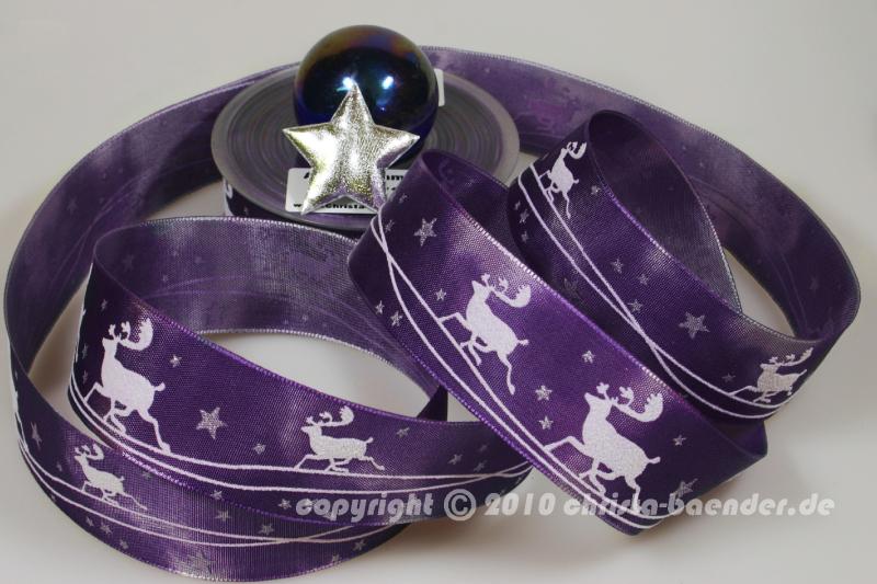 Weihnachtsband Renntierlandschaft Lila mit Draht 40mm