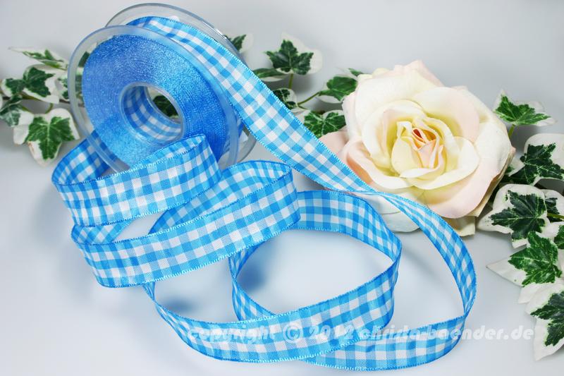 Karoband Vichykaro Blau mit Draht 25mm