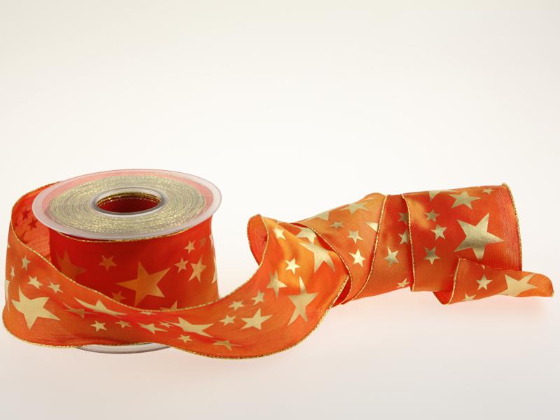 Weihnachtsband Gold-Sterne Orange mit Draht 70mm