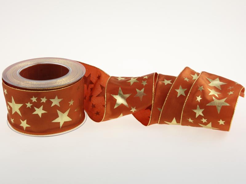Weihnachtsband Gold-Sterne Braun mit Draht 70mm