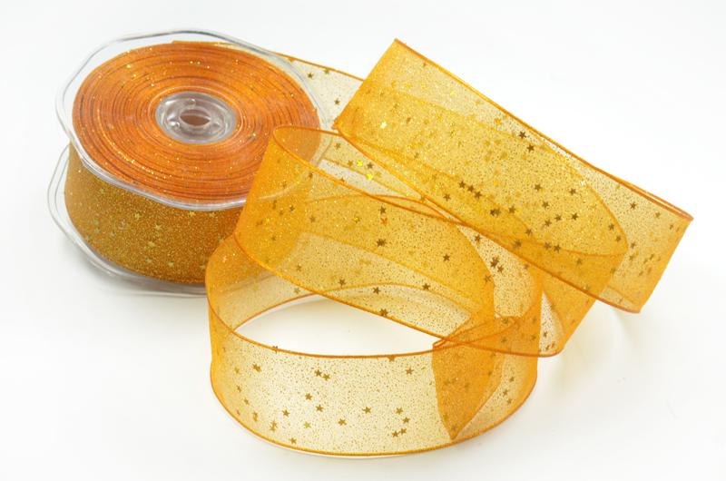 Weihnachtsband Little Stars orange mit Draht 40mm