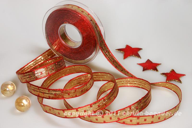 Weihnachtsband Limone Rot Gold ohne Draht 15mm