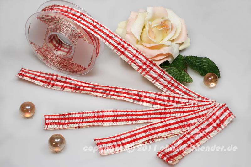 Karoband Schottenkaro Weiß Rot mit Draht 25mm