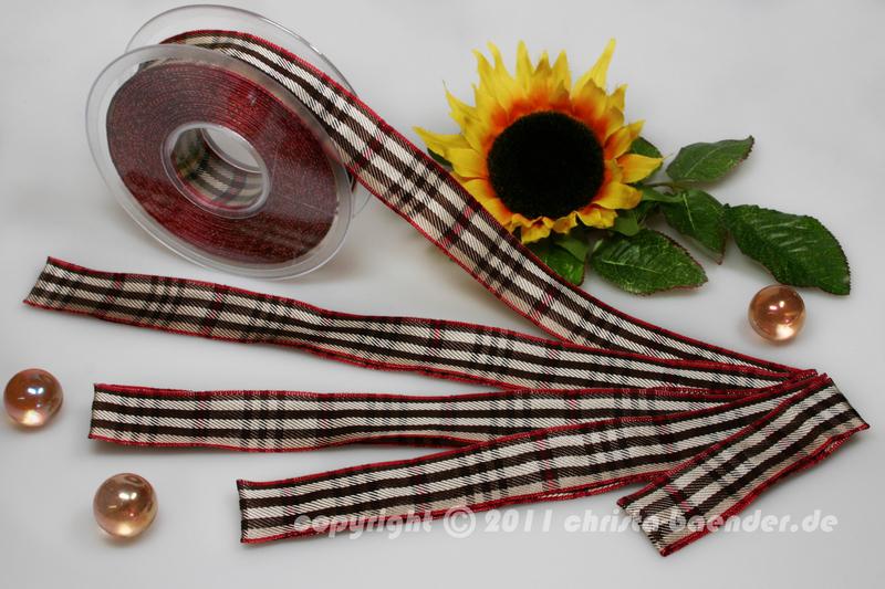 Karoband Schottenkaro Weiß Dunkelbraun Rot mit Draht 25mm