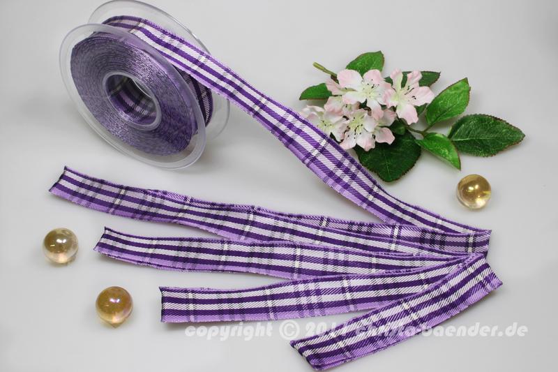 Karoband Schottenkaro Lila Weiß mit Draht 25mm