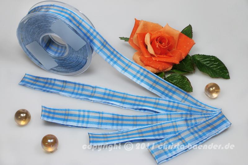 Karoband Schottenkaro Hellblau Honig mit Draht 25mm