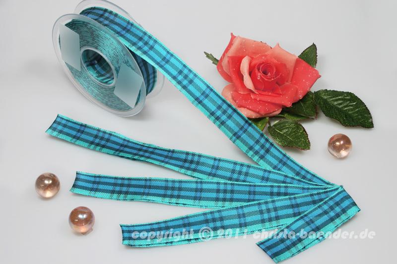 Karoband Schottenkaro Türkis mit Draht 25mm