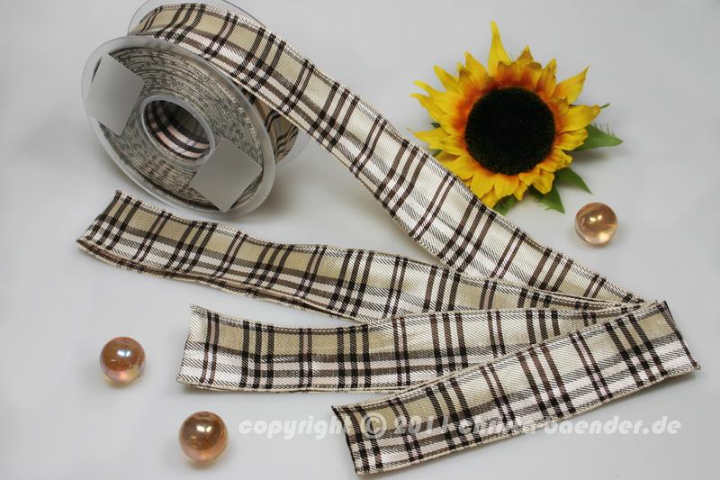 Karoband Schottenkaro Creme Dunkelbraun mit Draht 40 mm