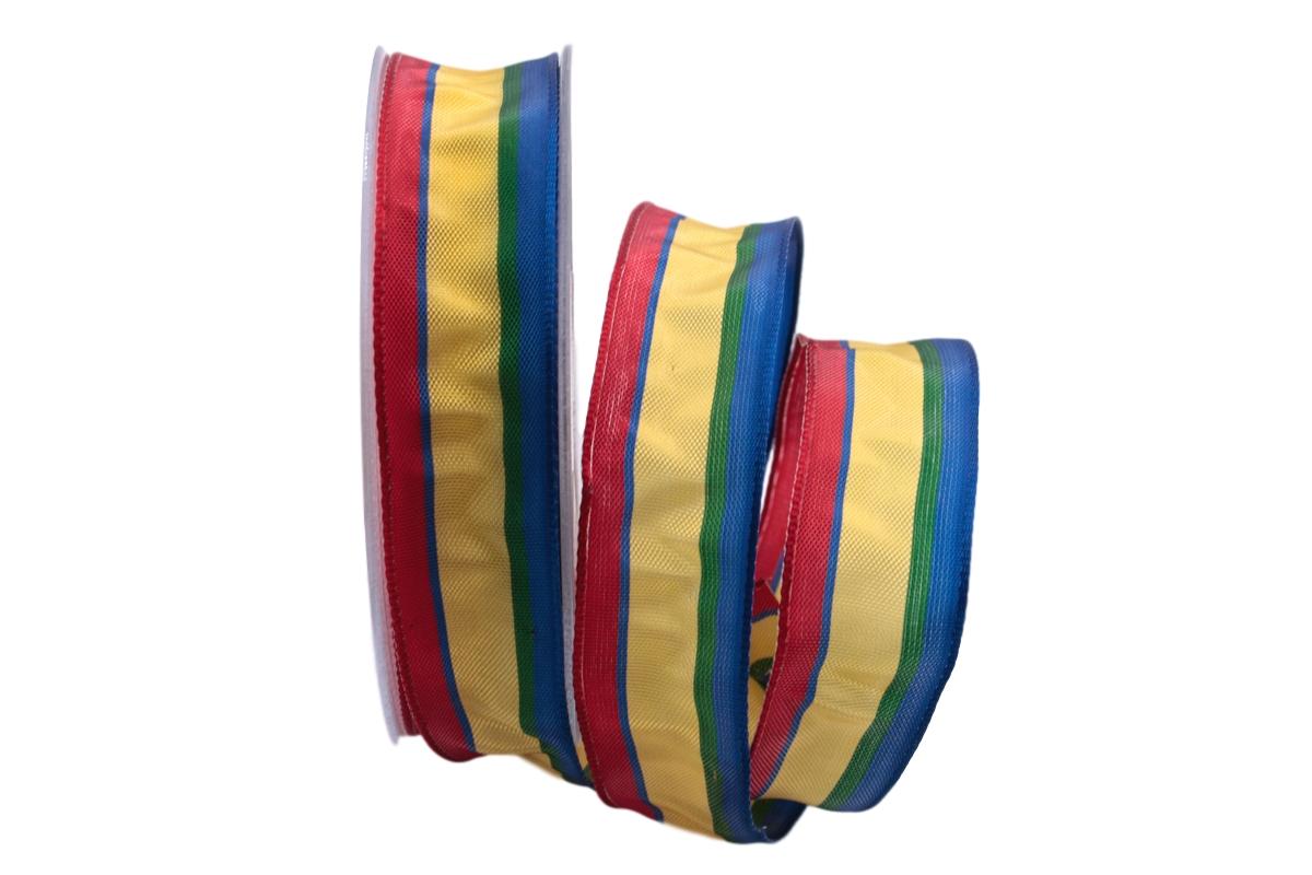Dekoband Streifen rot / gelb / blau 25mm mit Draht