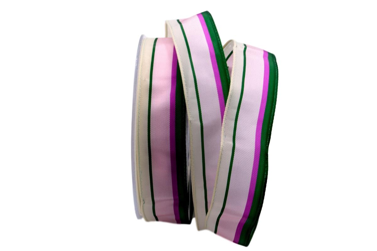 Dekoband Streifen creme / rosa / grün 25mm mit Draht