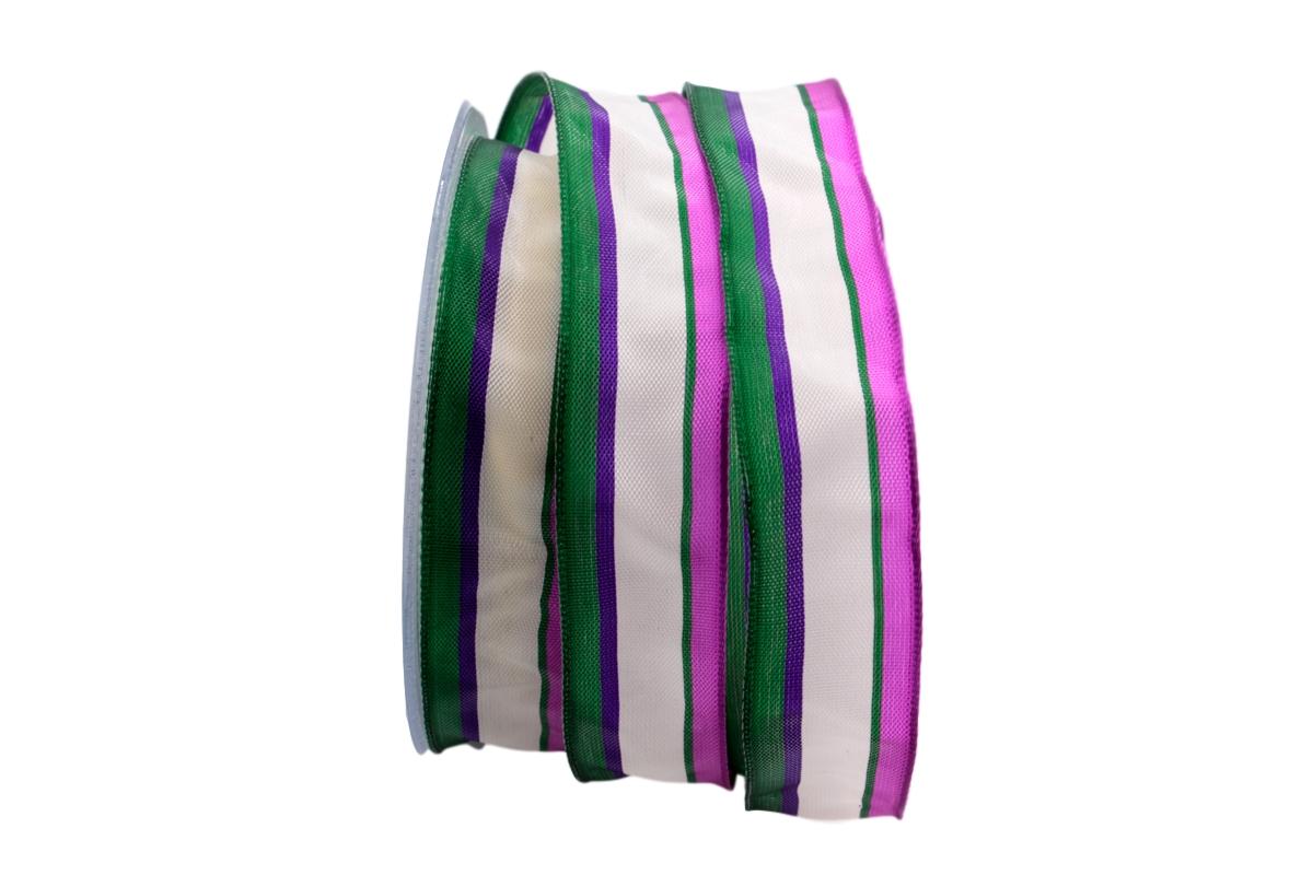 Dekoband Streifen grün / pink / weiß 25mm mit Draht