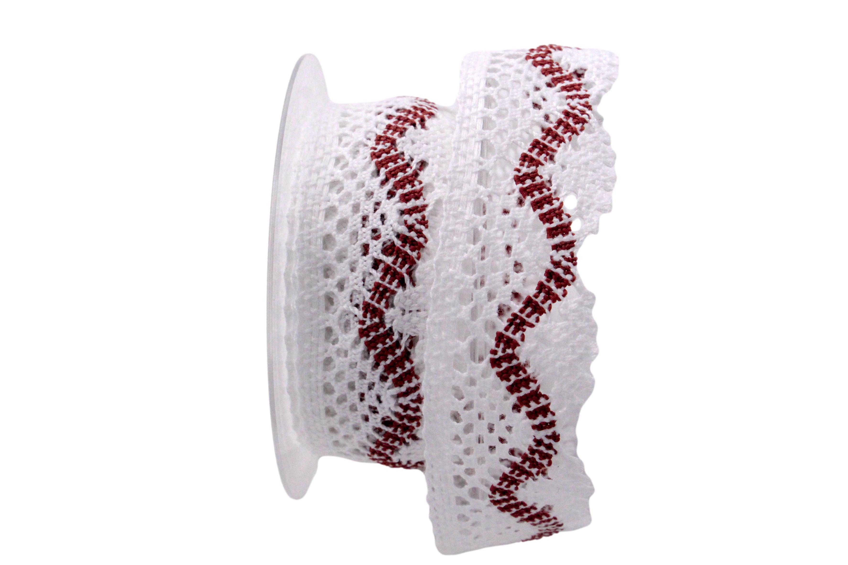 Dekoband Spitze 38 mm weiß / bordeaux ohne Draht