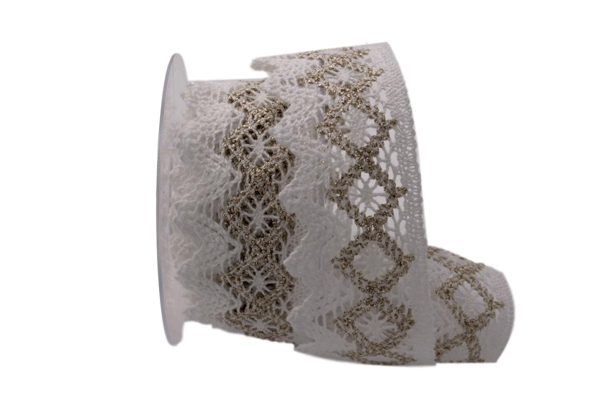 Dekoband Spitze wollweiß  / gold 50mm ohne Draht