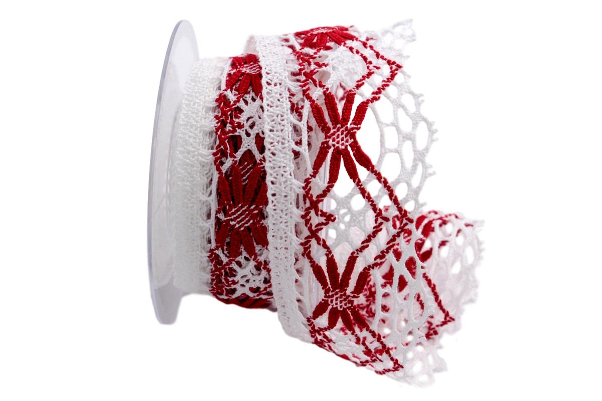 Dekoband Spitze weiß  / rot 50mm ohne Draht