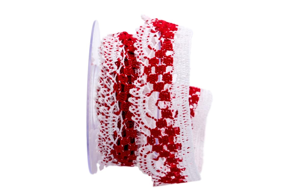 Dekoband Spitze 40mm weiß / rot ohne Draht