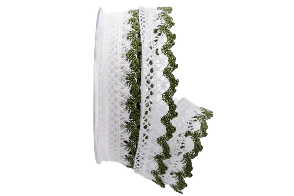 Dekoband Spitze weiß / olivegrün 25mm ohne Draht