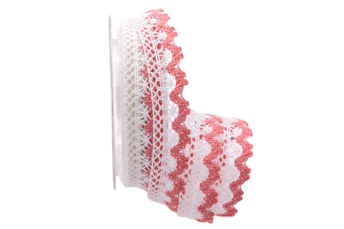 Dekoband Spitze weiß / rosa 25mm ohne Draht
