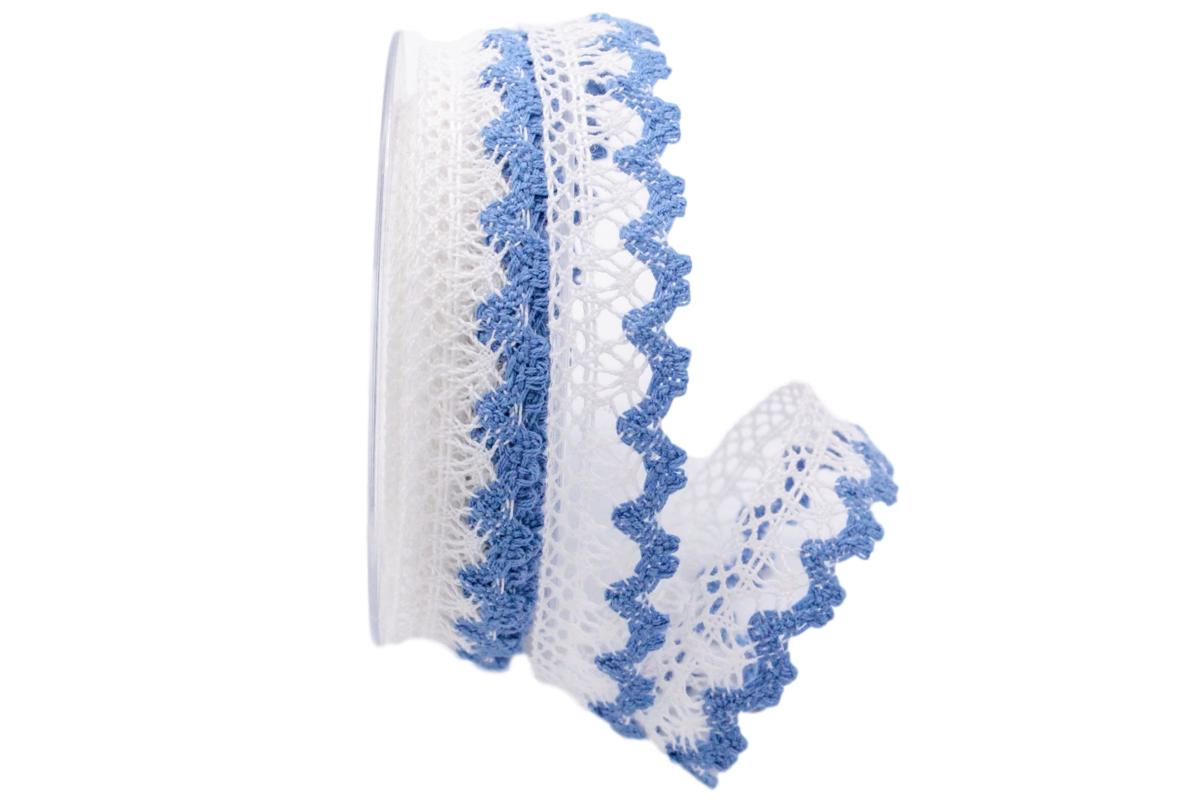 Dekoband Spitze weiß / hellblau 25mm ohne Draht