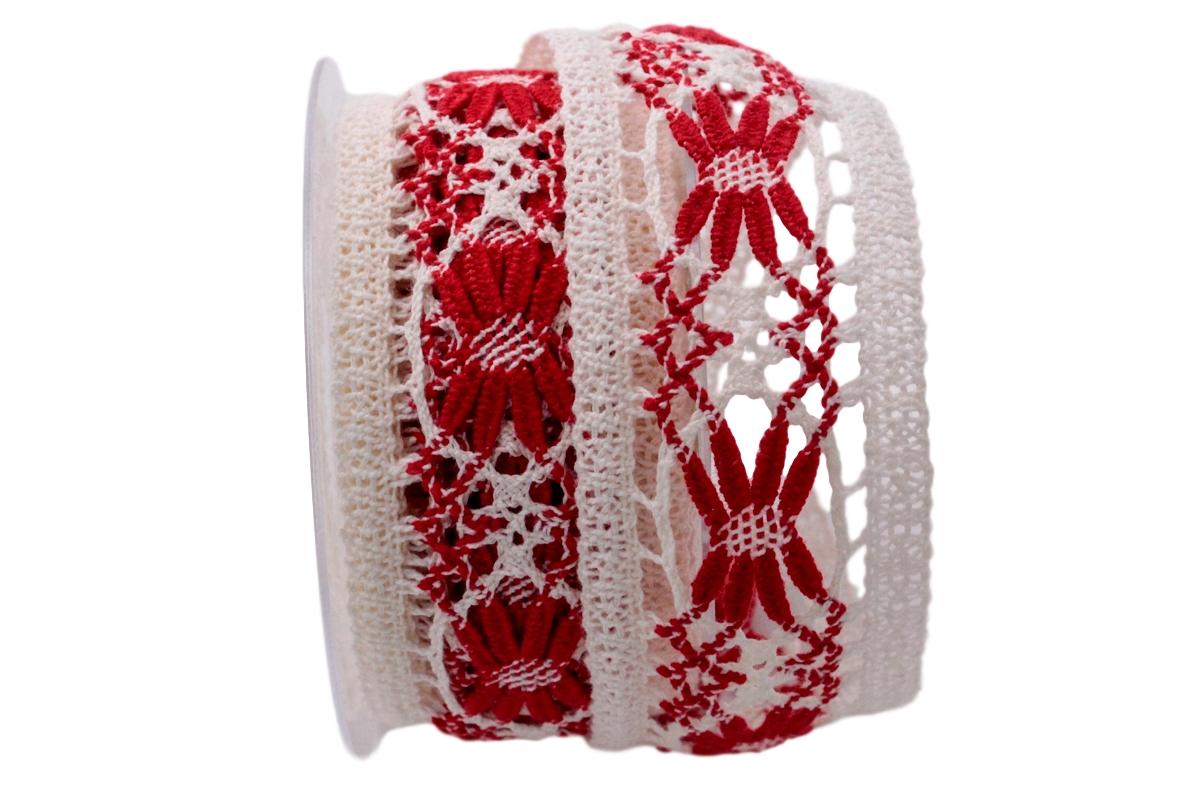 Dekoband Spitze weiß / rot 50mm ohne Draht