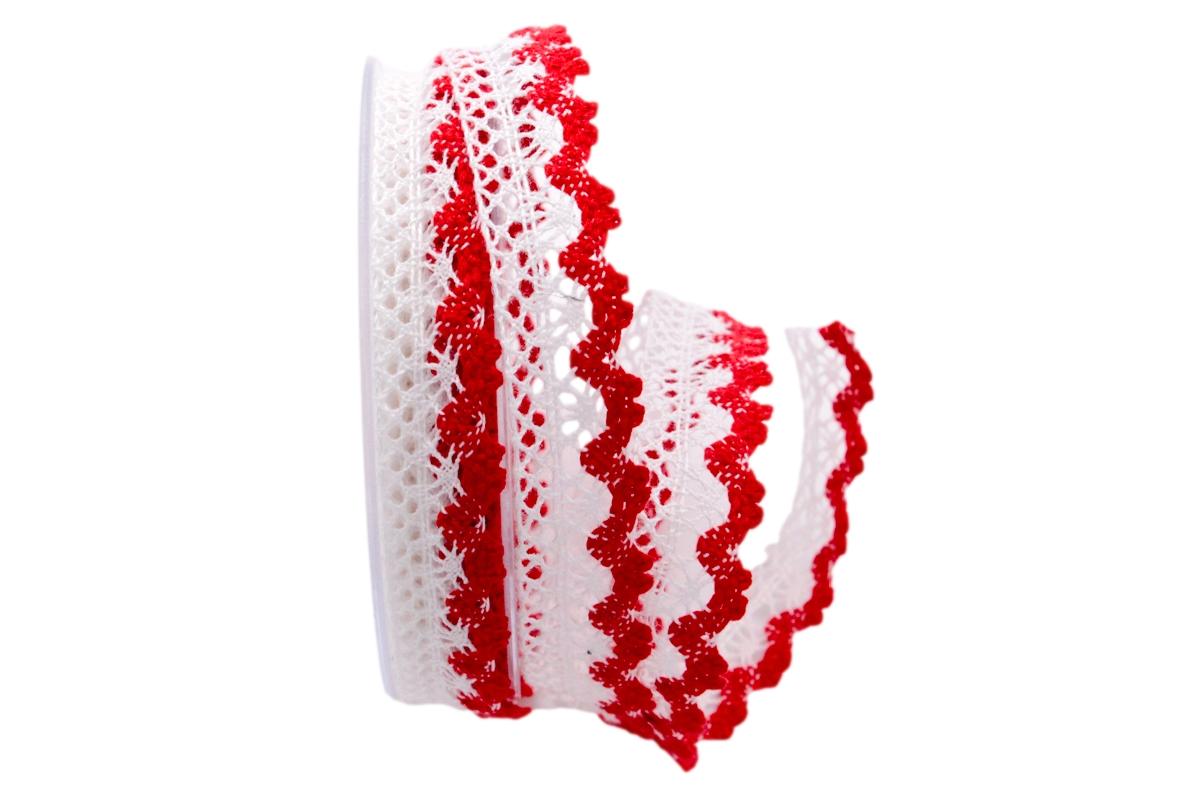 Dekoband Spitze weiß / rot 15mm ohne Draht