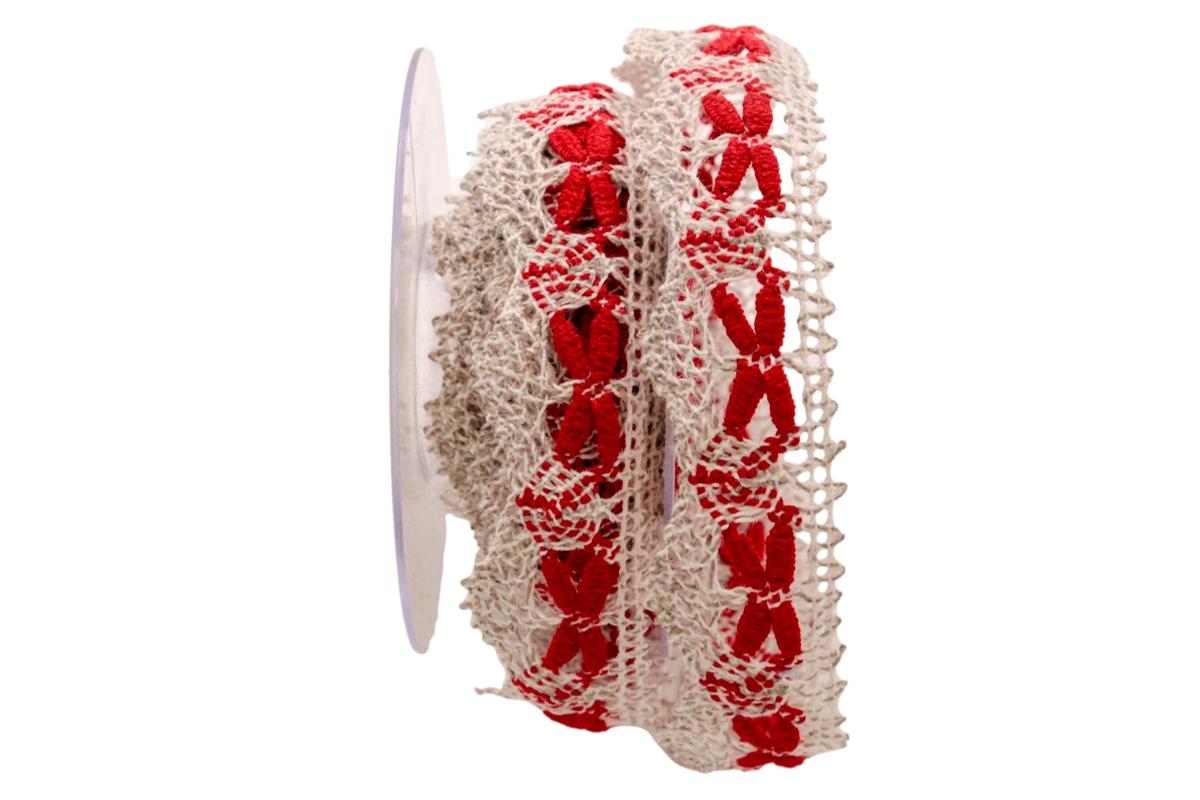 Dekoband Spitze 35mm rot / natur ohne Draht