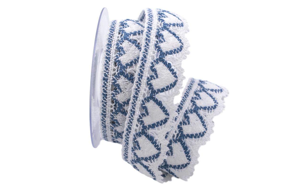 Dekoband Spitze weiß / blau 35 mm ohne Draht