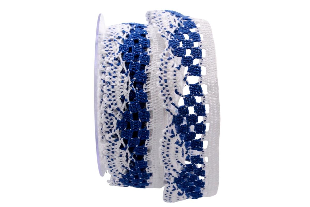 Dekoband Spitze ca.38mm blau / weiß ohne Draht