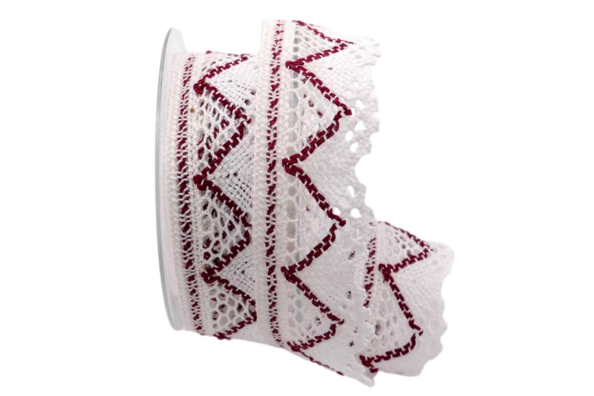 Dekoband Spitze weiß / bordeaux 40mm ohne Draht
