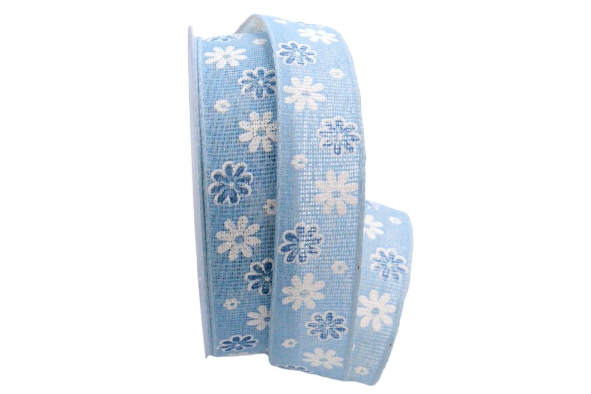 Baumwollband Blumenwiese blau 25mm ohne Draht