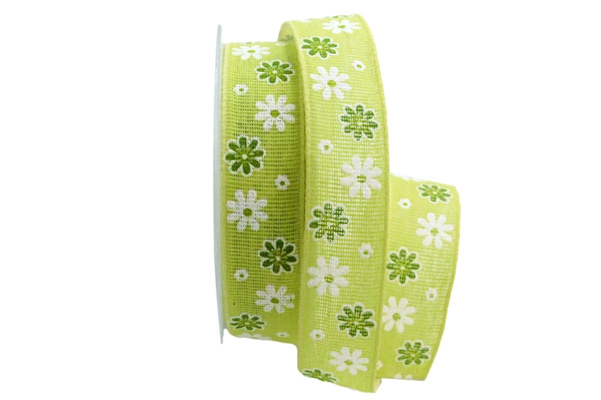 Baumwollband Blumenwiese hellgrün 25mm ohne Draht