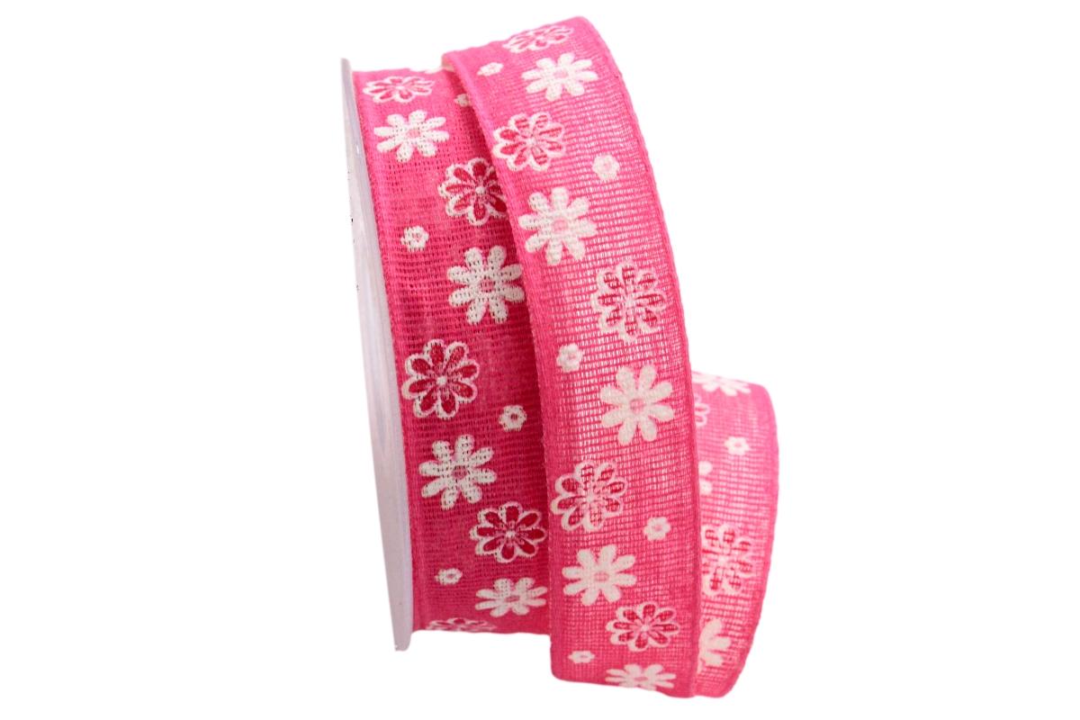 Baumwollband Blumenwiese pink 25mm ohne Draht