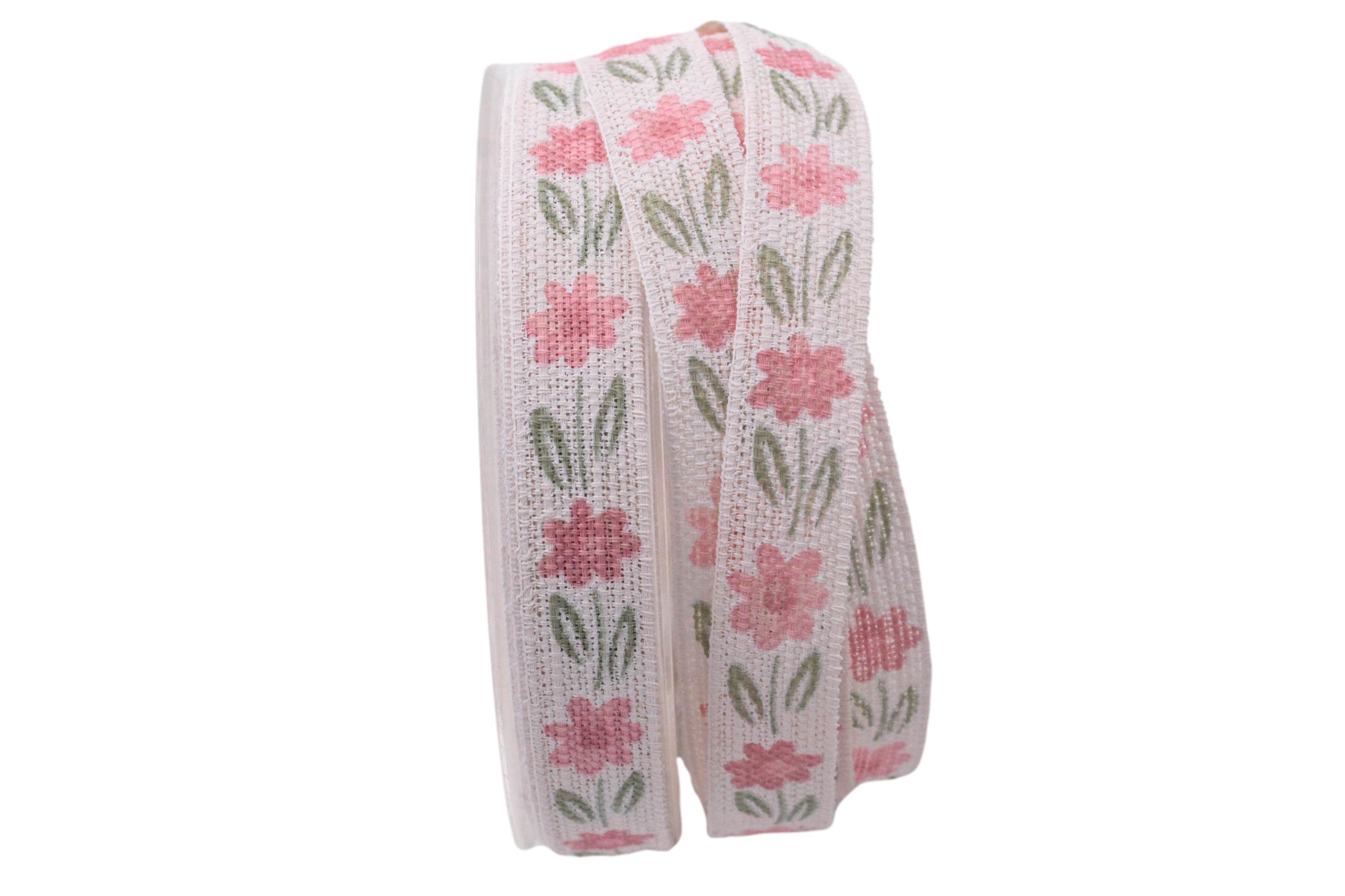 Baumwollband Sommertraum rosa / weiß 15mm ohne Draht