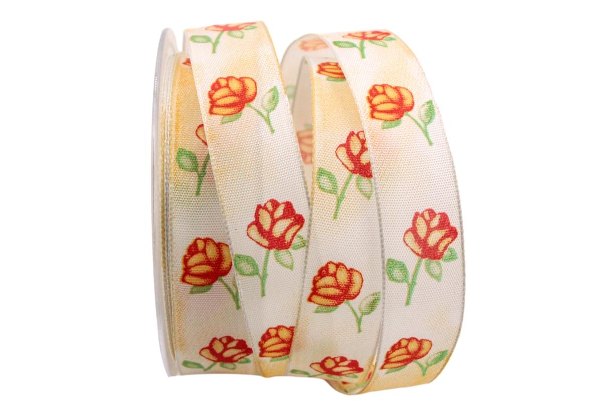 Blumenband Rosenzauber Gelb mit Draht 25mm