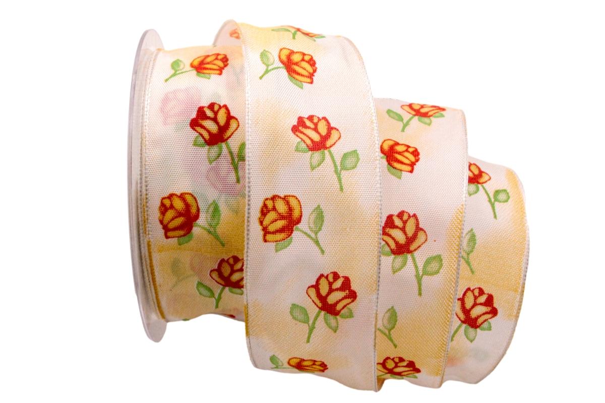 Blumenband Rosenzauber Gelb mit Draht 40mm