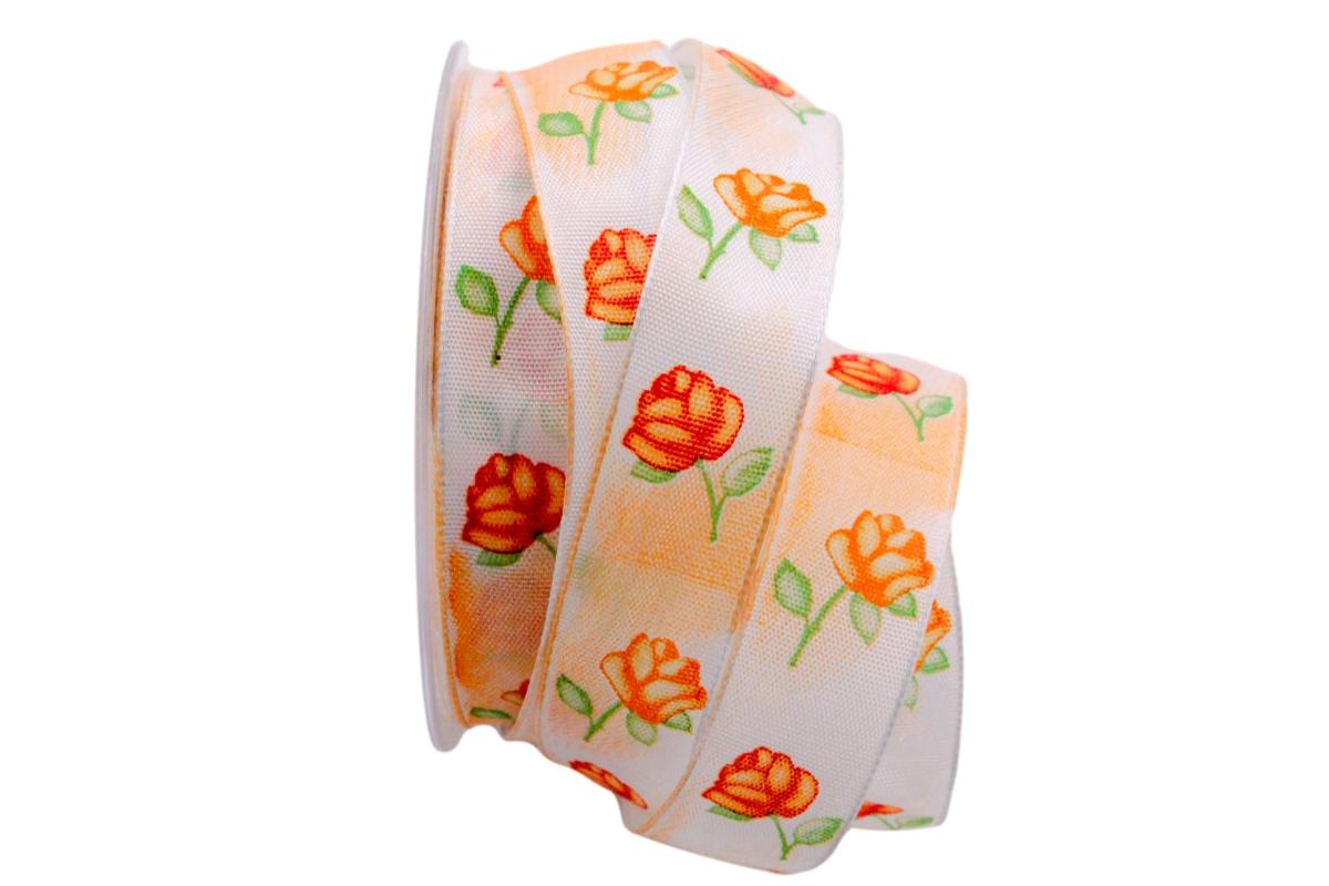 Blumenband Rosenzauber Orange mit Draht 25mm