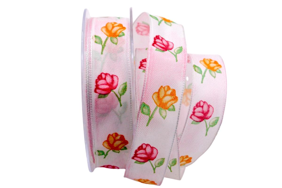 Blumenband Rosenzauber Rosa mit Draht 25mm