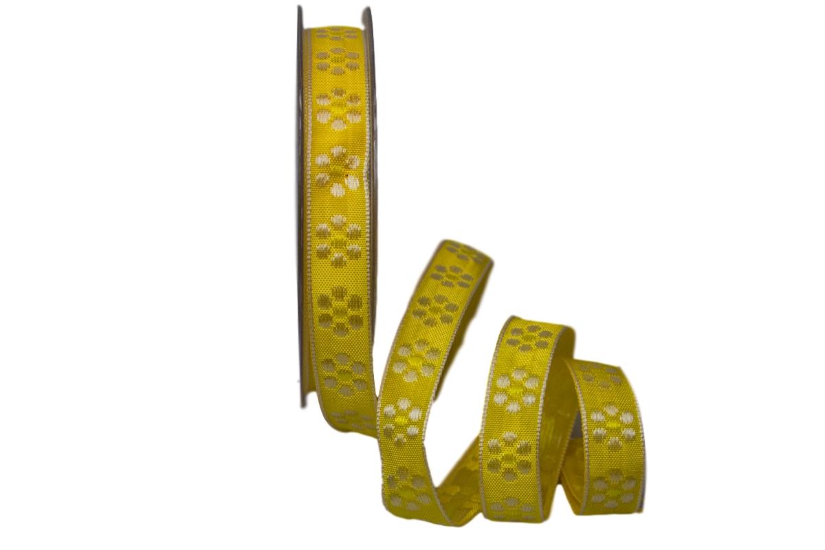 Dekoband Blümchen gewebt gelb 15mm ohne Draht