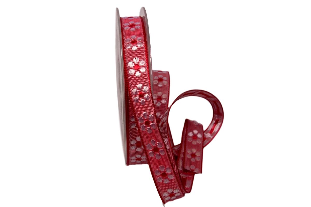 Dekoband Blümchen gewebt rot 15mm ohne Draht